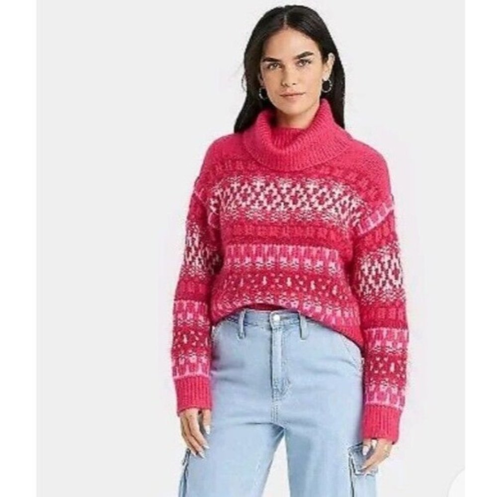 Universal Thread EUC Turtleneck Pullover Sweater - Red & Pink Fair Isle, Size M